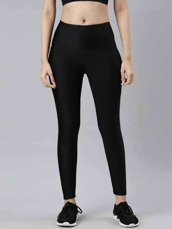 Women Solid Black Cotton Leggings (Tights)