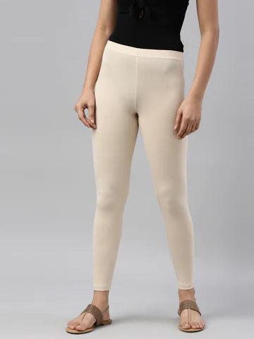 Women Solid Beige Cotton Leggings (Tights)