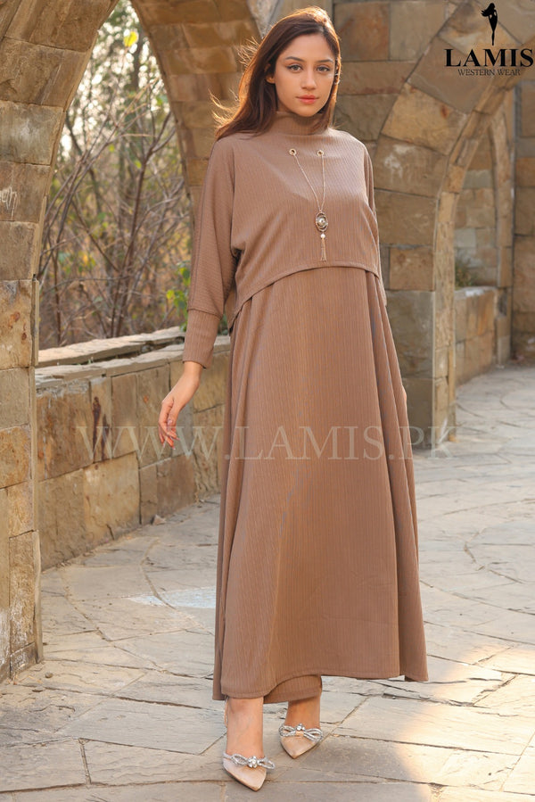 Imported Solid Knitted Long Dress Brown