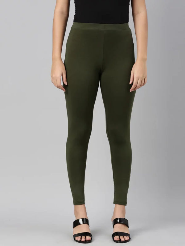 Women Solid Dark Olive Cotton Leggings (Tights)