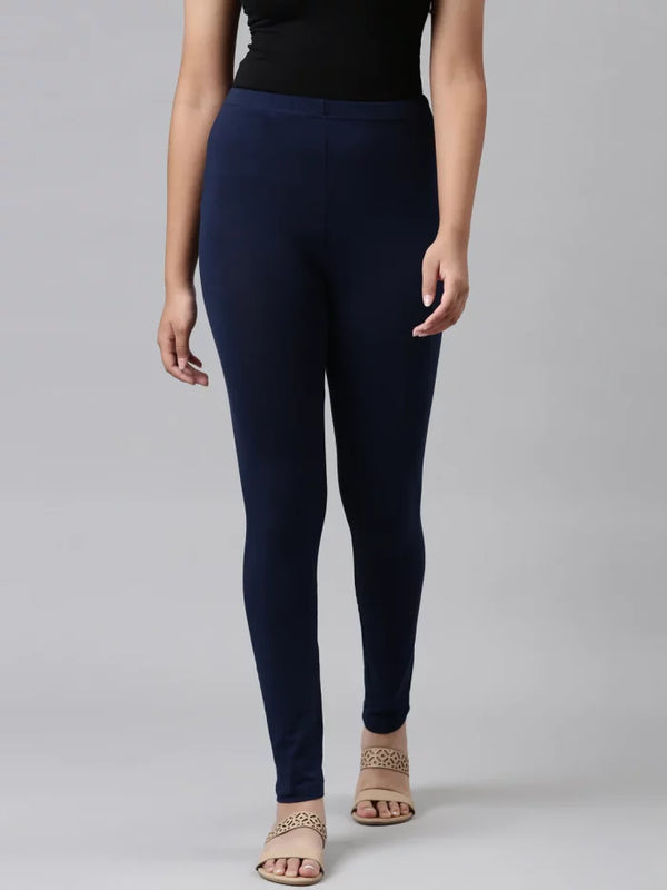 Women Solid Navy Blue Cotton Leggings (Tights)