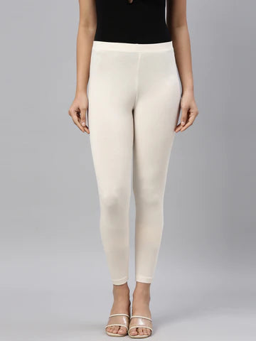 Women Solid OFF White Cotton Leggings (Tights)