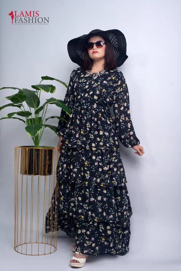 Printed Four Frill Maxi BK 477