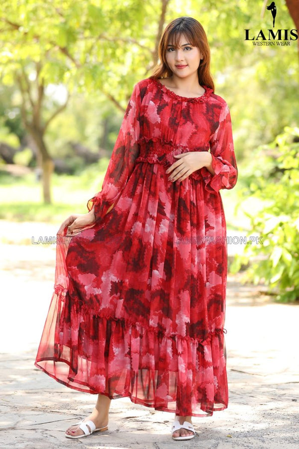 Formal Printed Three Frill Maxi