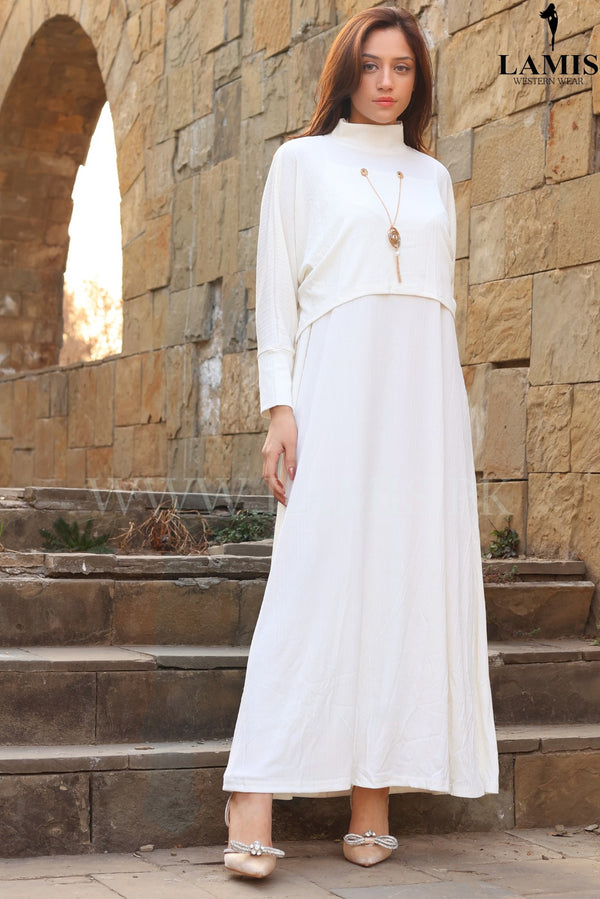 Imported Solid Knitted Long Dress White