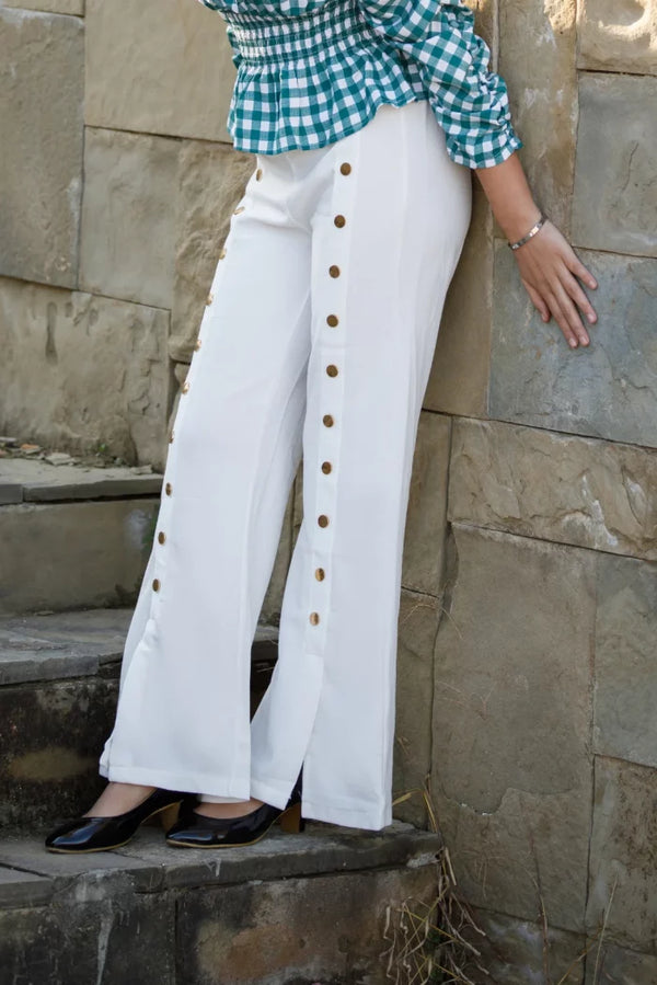 High Waist Solid Button Wide Leg Trouser White