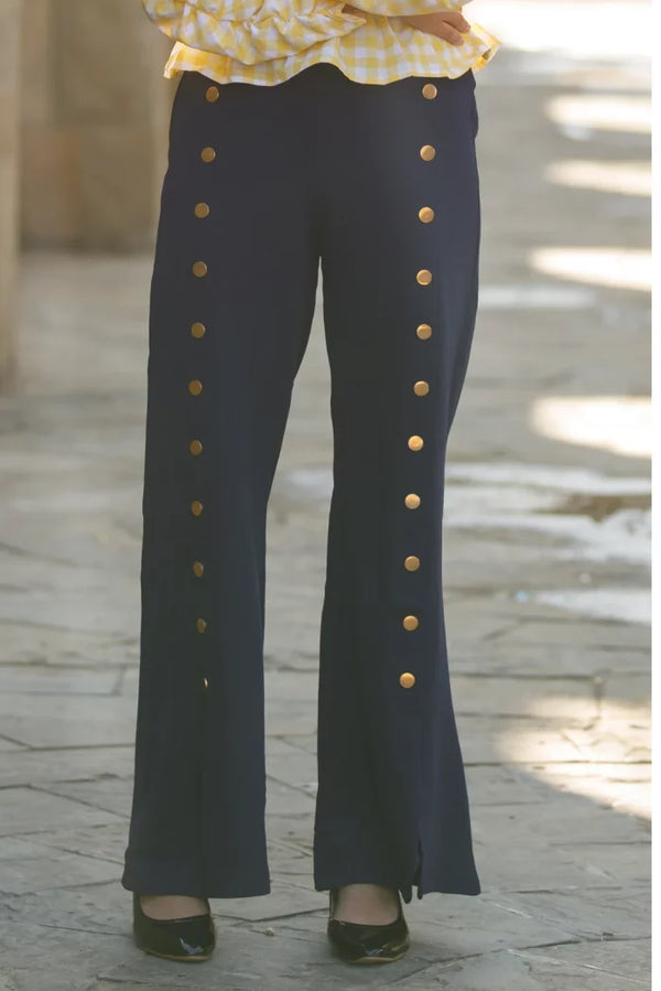 High Waist Solid Button Wide Leg Trouser Navy